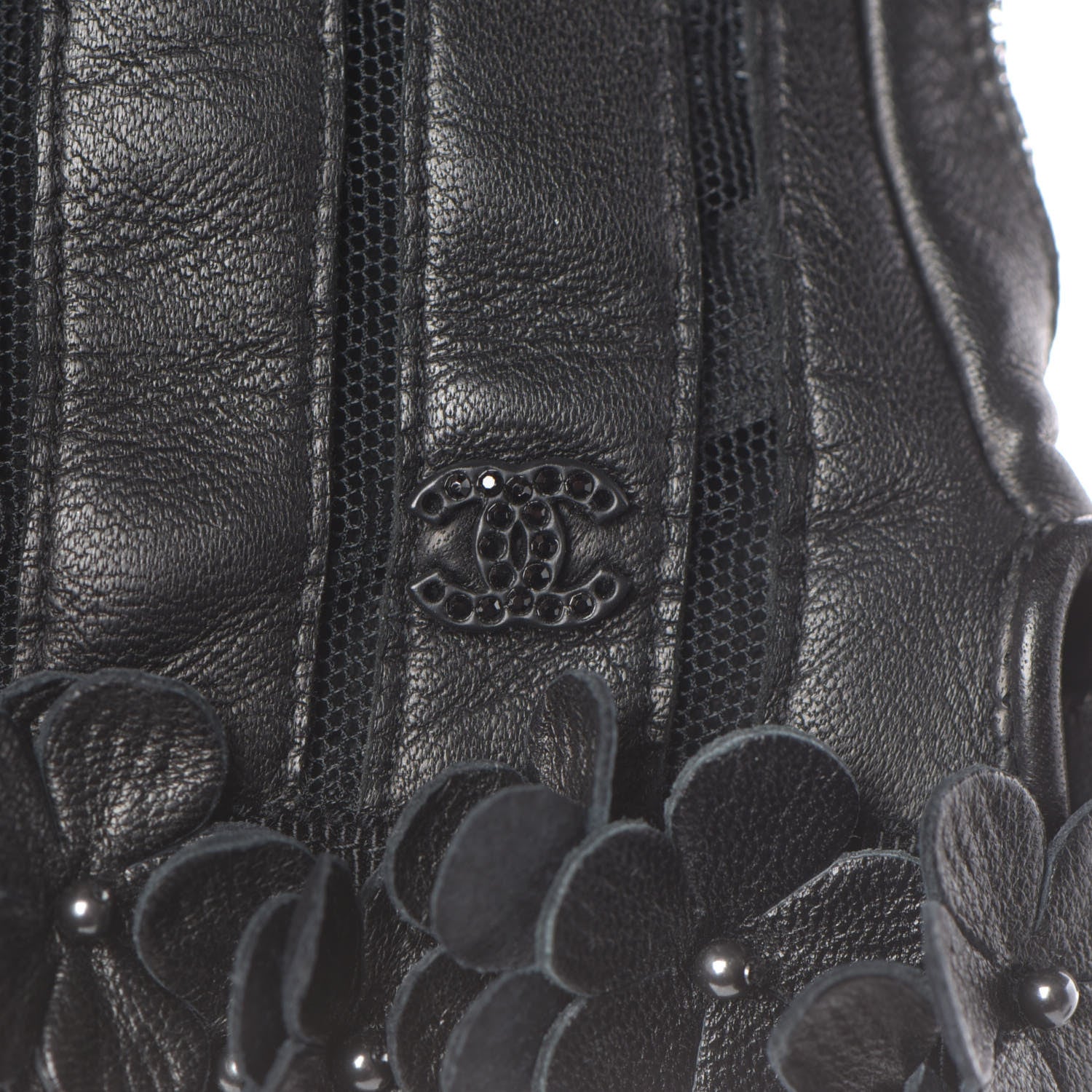Chanel Lambskin Mesh Panel Camellia Fingerless Gloves 7 Black 5 of 6