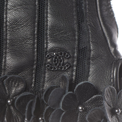 Chanel Lambskin Mesh Panel Camellia Fingerless Gloves 7 Black 5 of 6