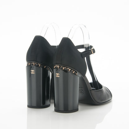Chanel Grosgrain Tweed Chain T Strap Pumps 4 Black 4 of 6