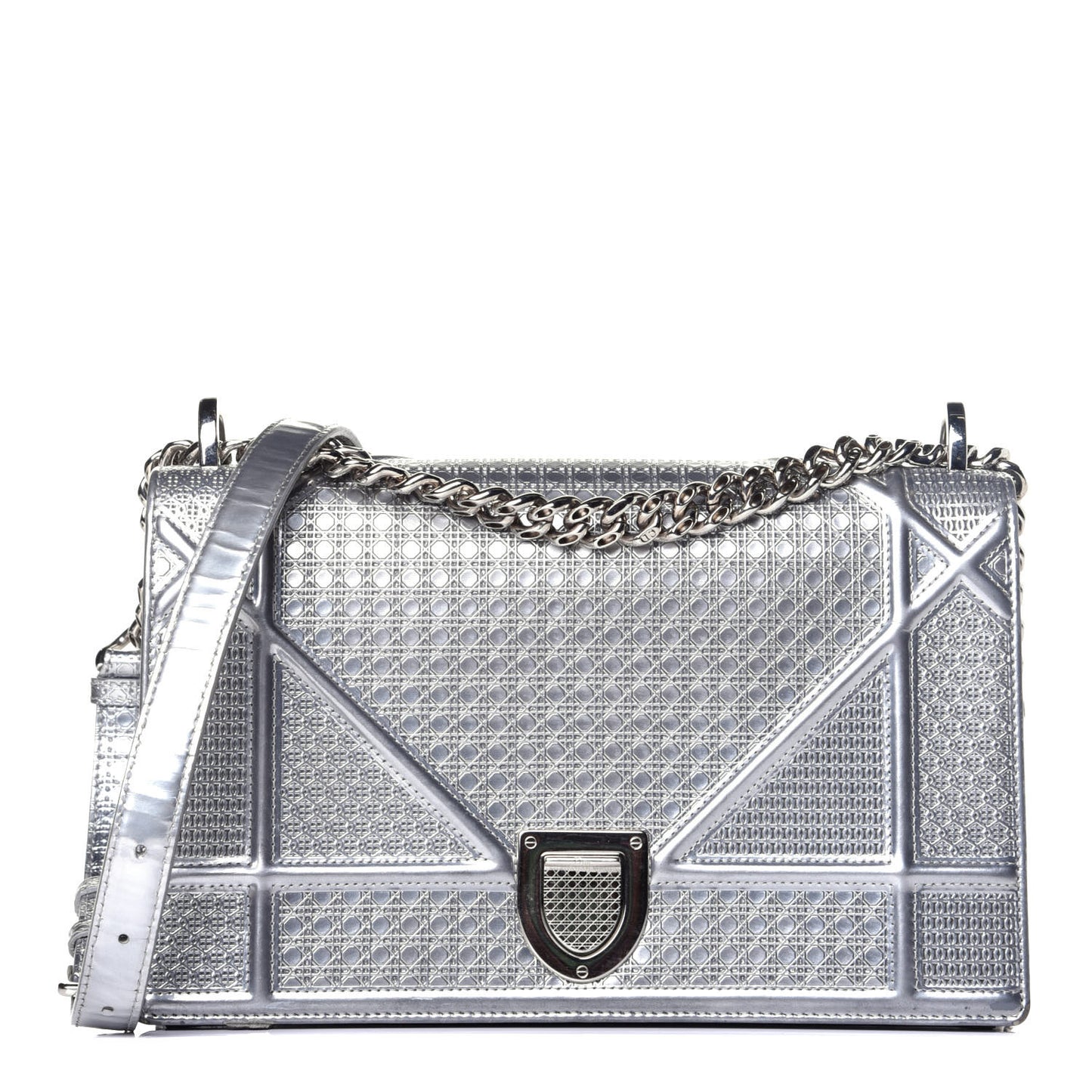 Metallic Patent Micro-Cannage Medium Diorama Flap Bag Silver