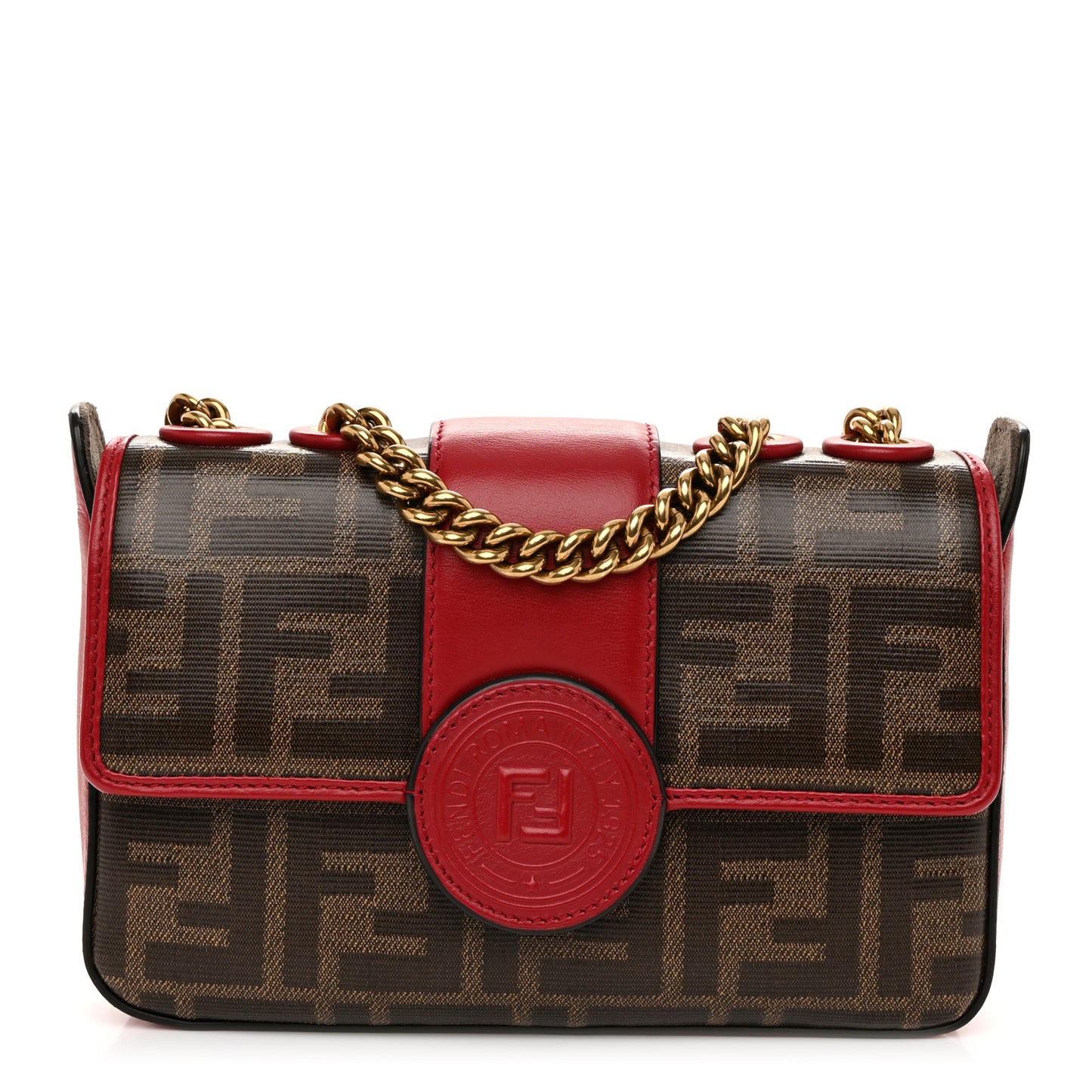 Glazed Fabric Vitello Century FF 1974 Stamp Patch Mini Double F Crossbody Bag Mogano Panna Fragola