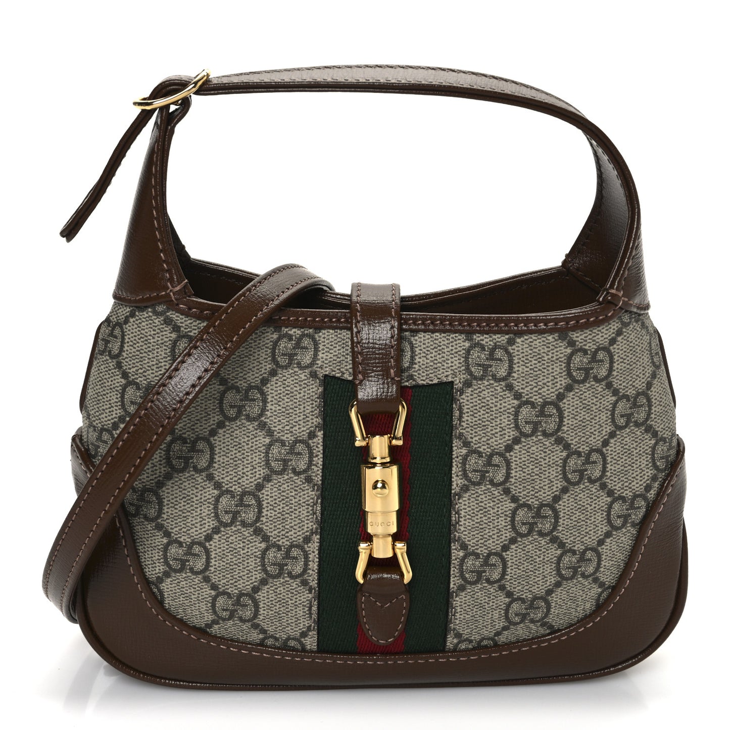 GG Supreme Monogram Azalea Calfskin Web Mini Jackie 1961 Hobo Beige Ebony Brown Sugar