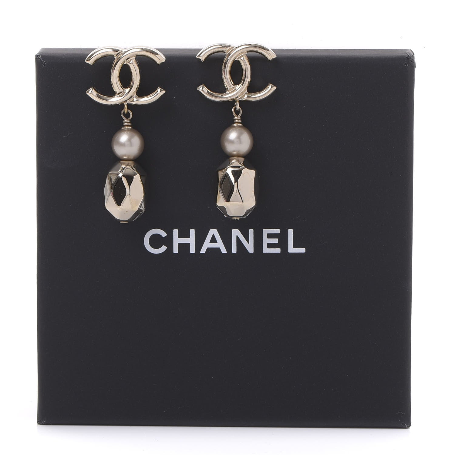 Chanel Metal Bead Pearl CC Drop Earrings Golden Pearly White 5 of 5