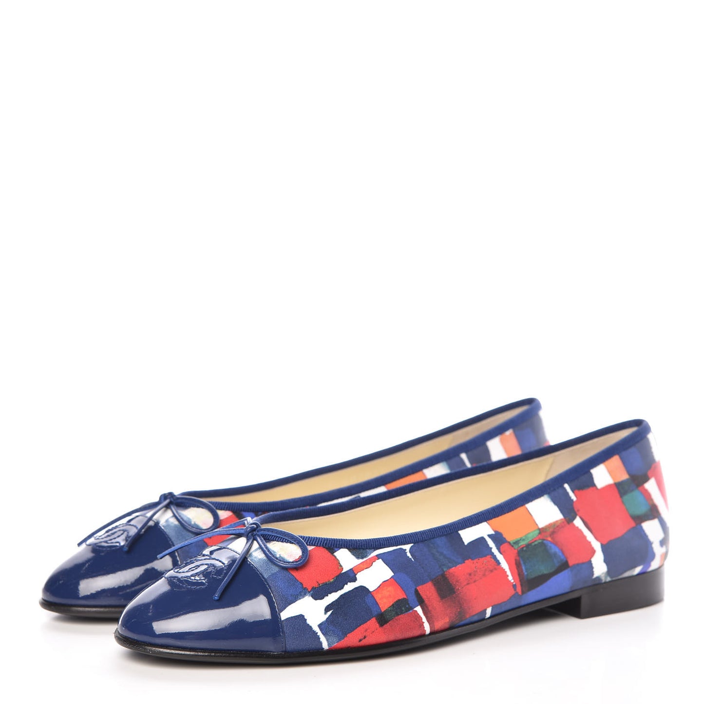 Patent Calfskin Printed CC Cap Toe Ballerina Flats 41 Blue Red Orange Navy