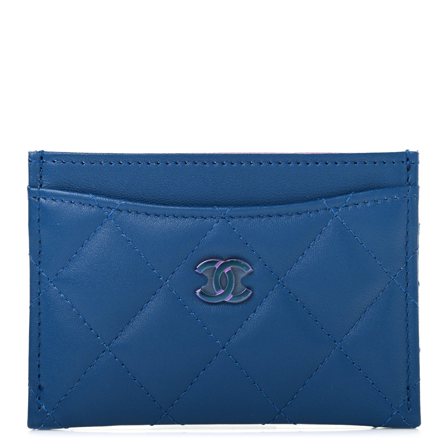 Lambskin Quilted Card Holder Blue Pink