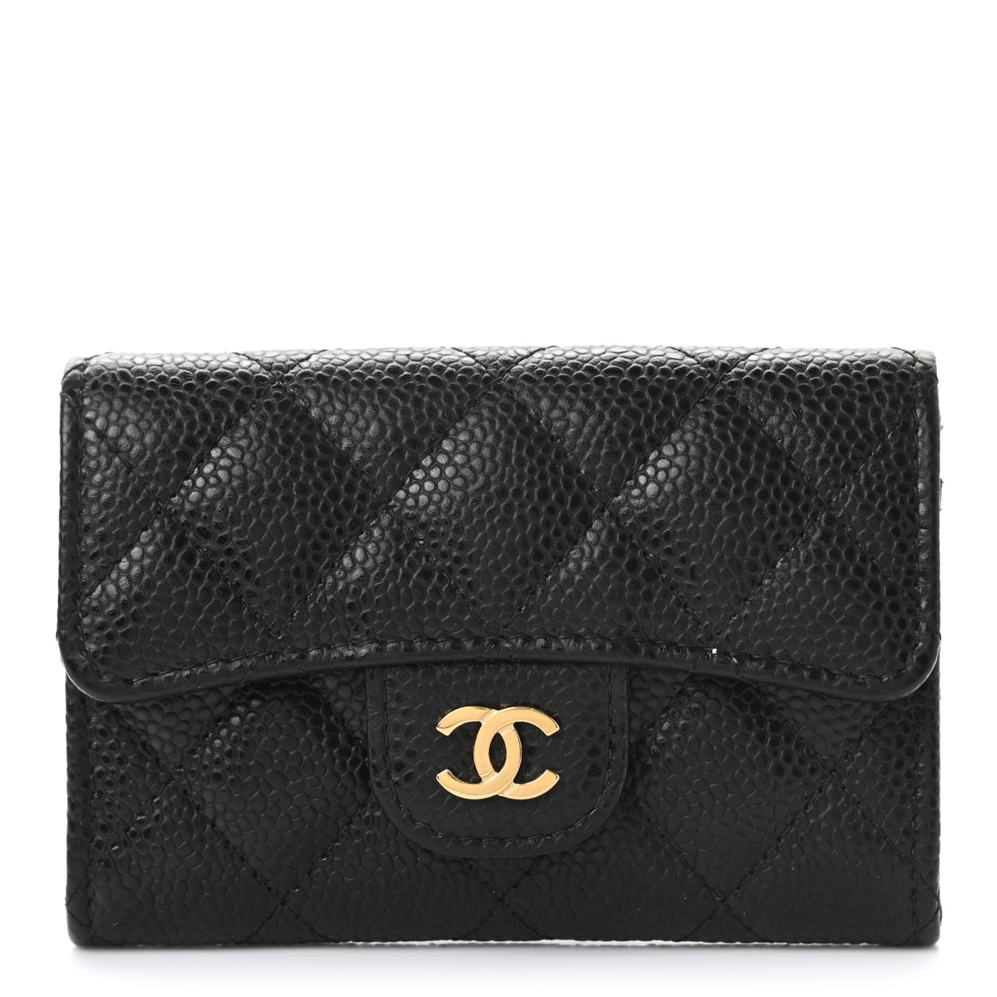 Caviar Quilted Flap Card Holder Wallet Black