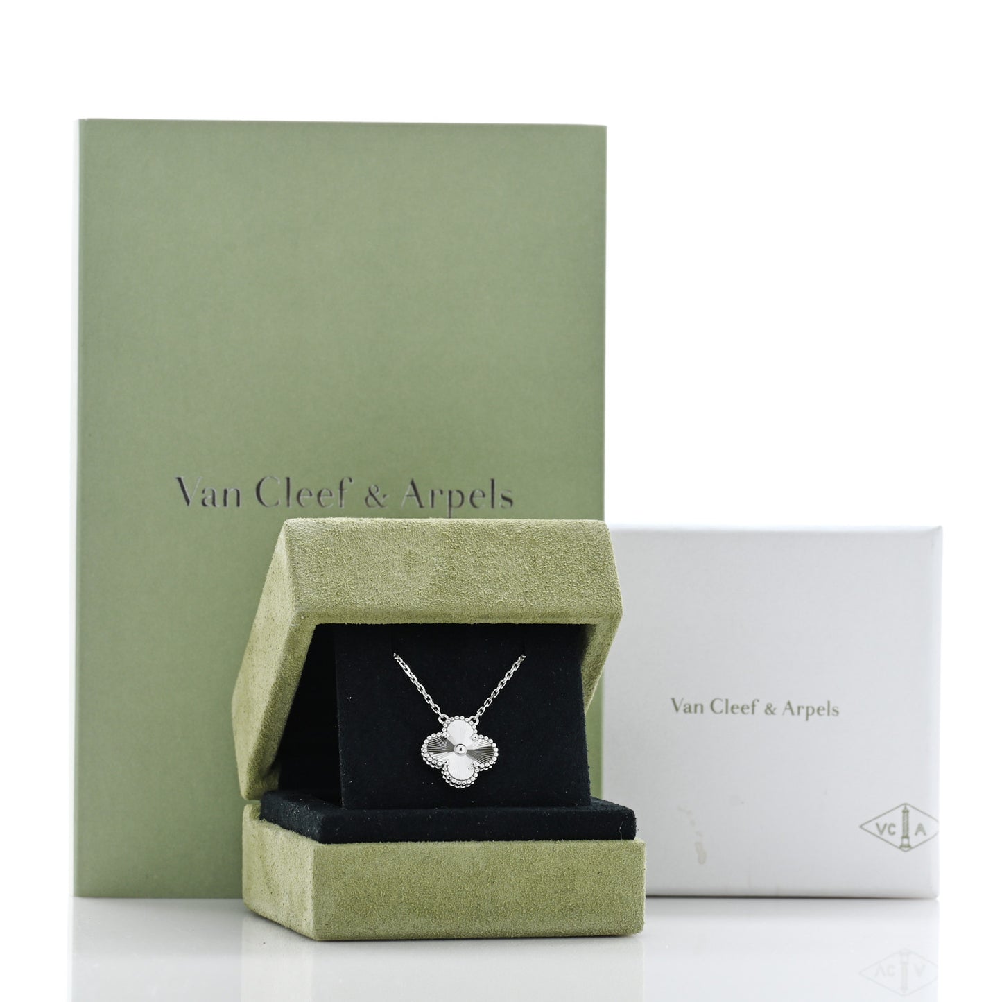 18K White Gold Guilloche Vintage Alhambra Pendant Necklace