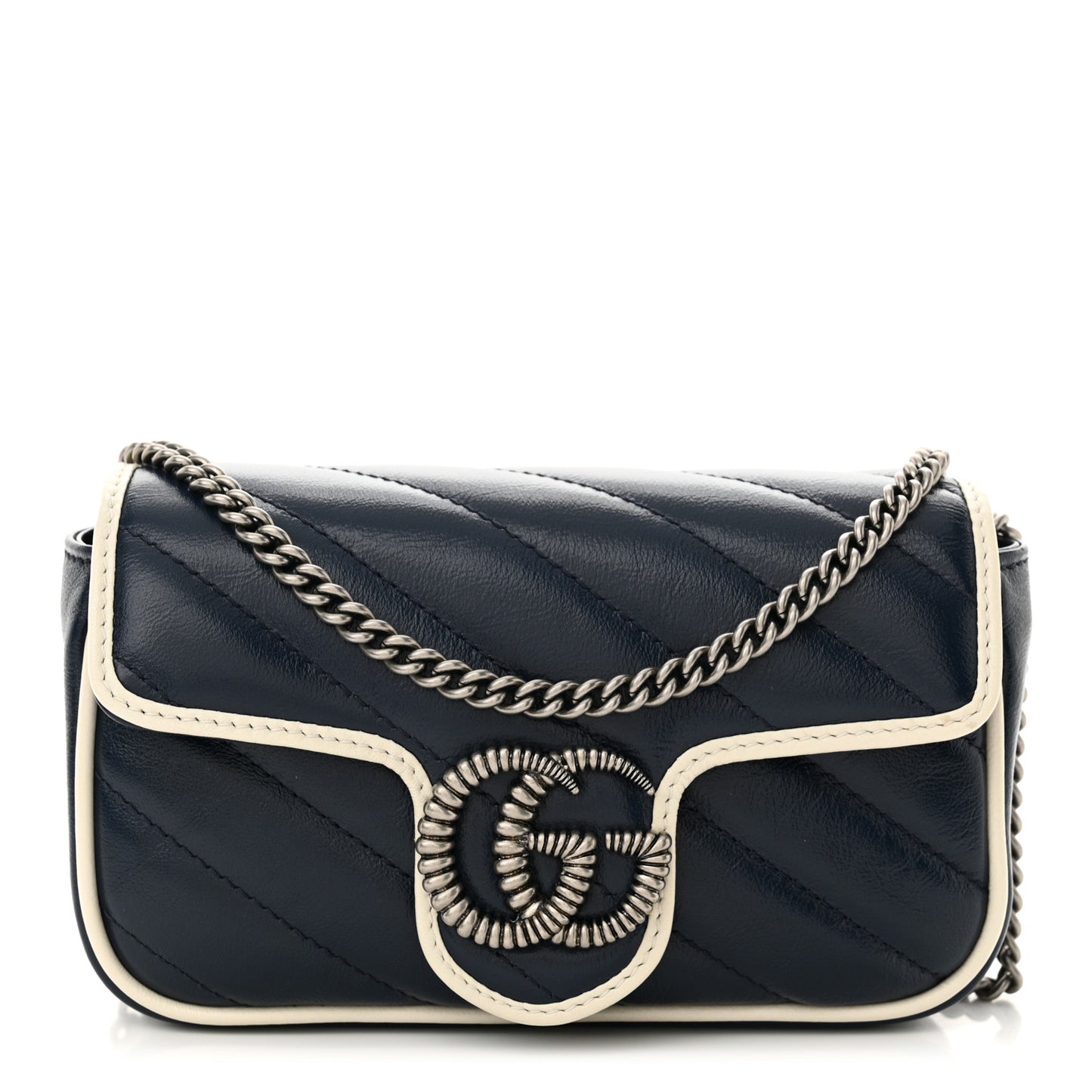 Vintage Effect Calfskin Matelasse Diagonal Super Mini Torchon GG Marmont Shoulder Bag Blue Agata Mystic White