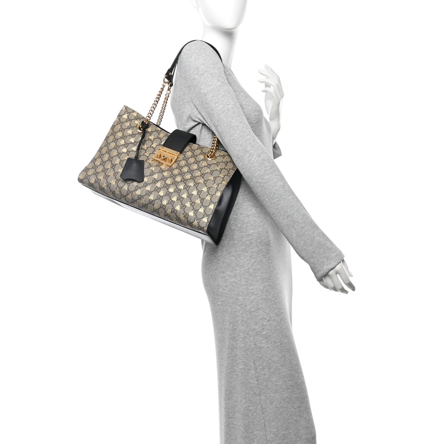 Gucci GG Supreme Monogram Bees Medium Padlock Tote Beige Oro Black 2 of 10