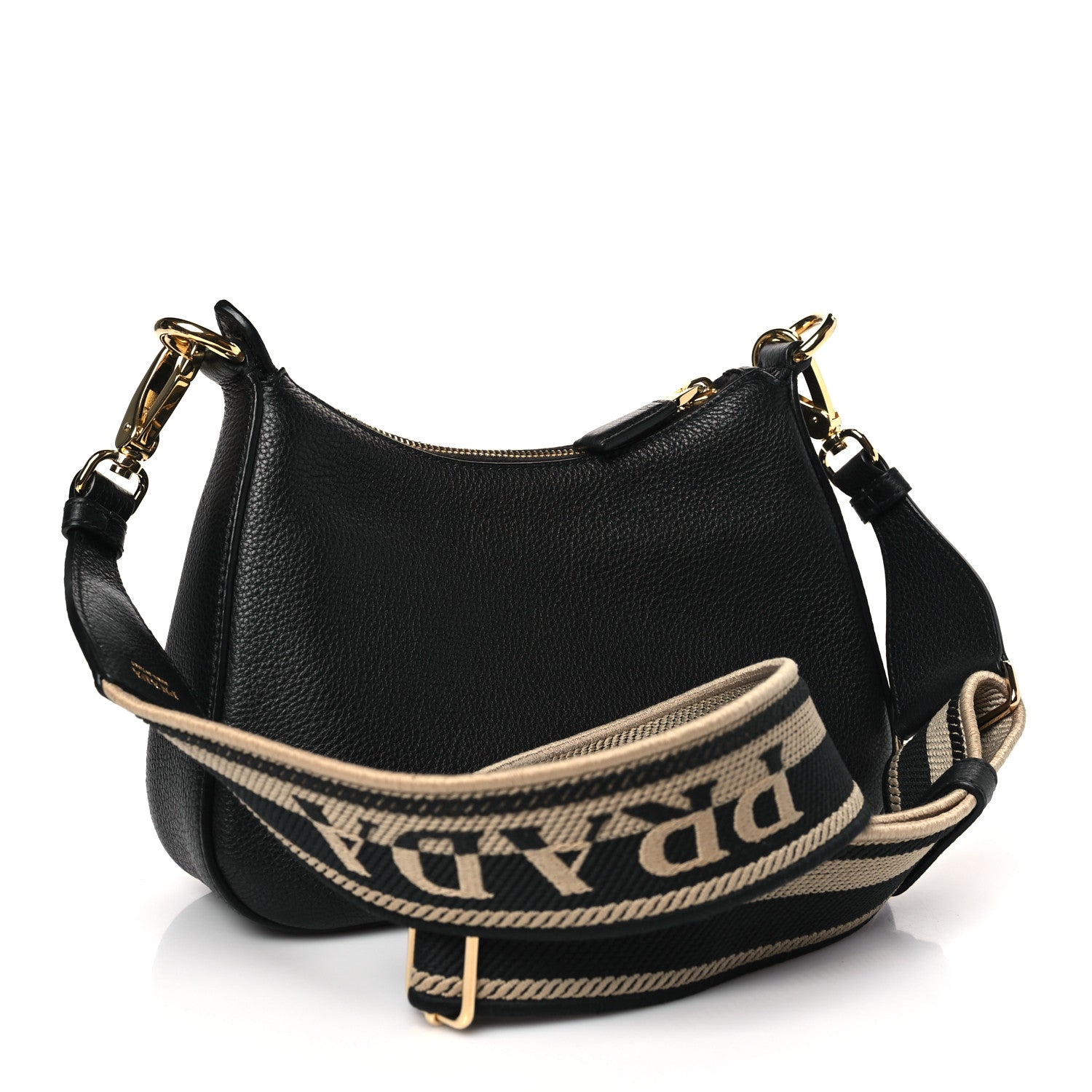 Prada Vitello Daino Soft Zippered Hobo Shoulder Bag Black 3 of 9