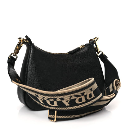 Prada Vitello Daino Soft Zippered Hobo Shoulder Bag Black 3 of 9
