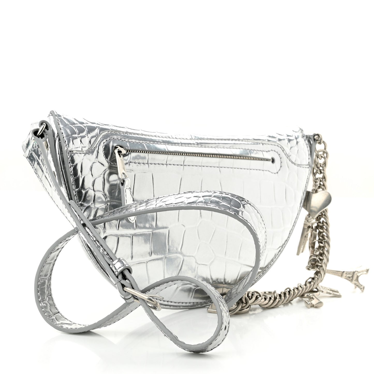 Metallic Calfskin Crocodile Embossed Quilted Souveniers Charms Belt Bag Silver