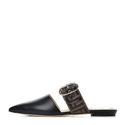 Fendi Vitello FF Embossed Buckle Flat Mules 38.5 Maya Black 1 of 8