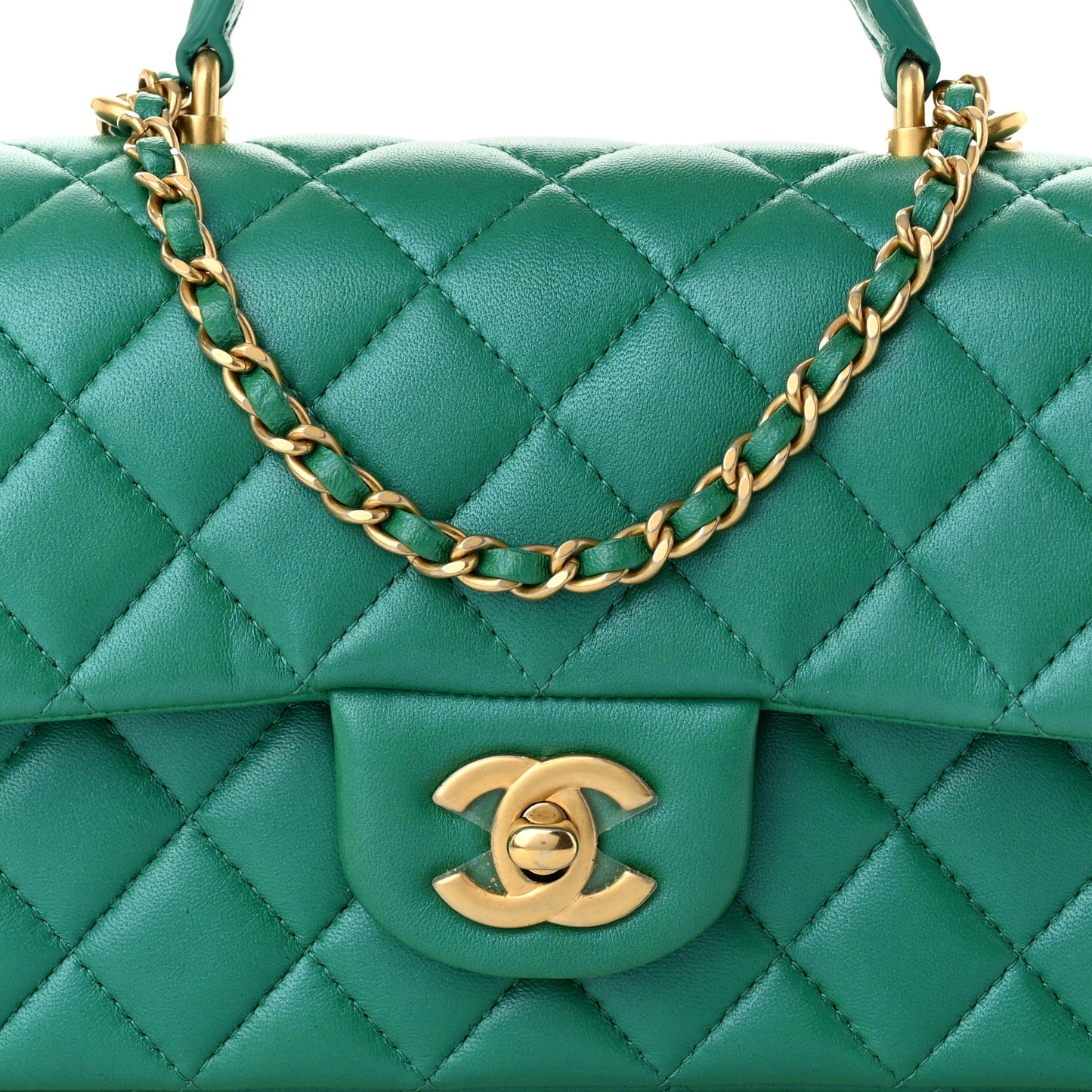 Iridescent Lambskin Quilted Mini Top Handle Rectangular Flap Green