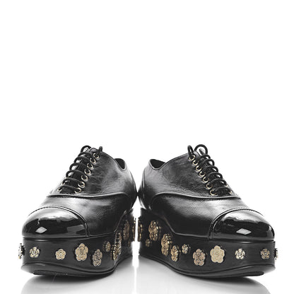 Chanel Crumpled Calfskin Lace Up Platform Oxford 37.5 Black 11 of 11
