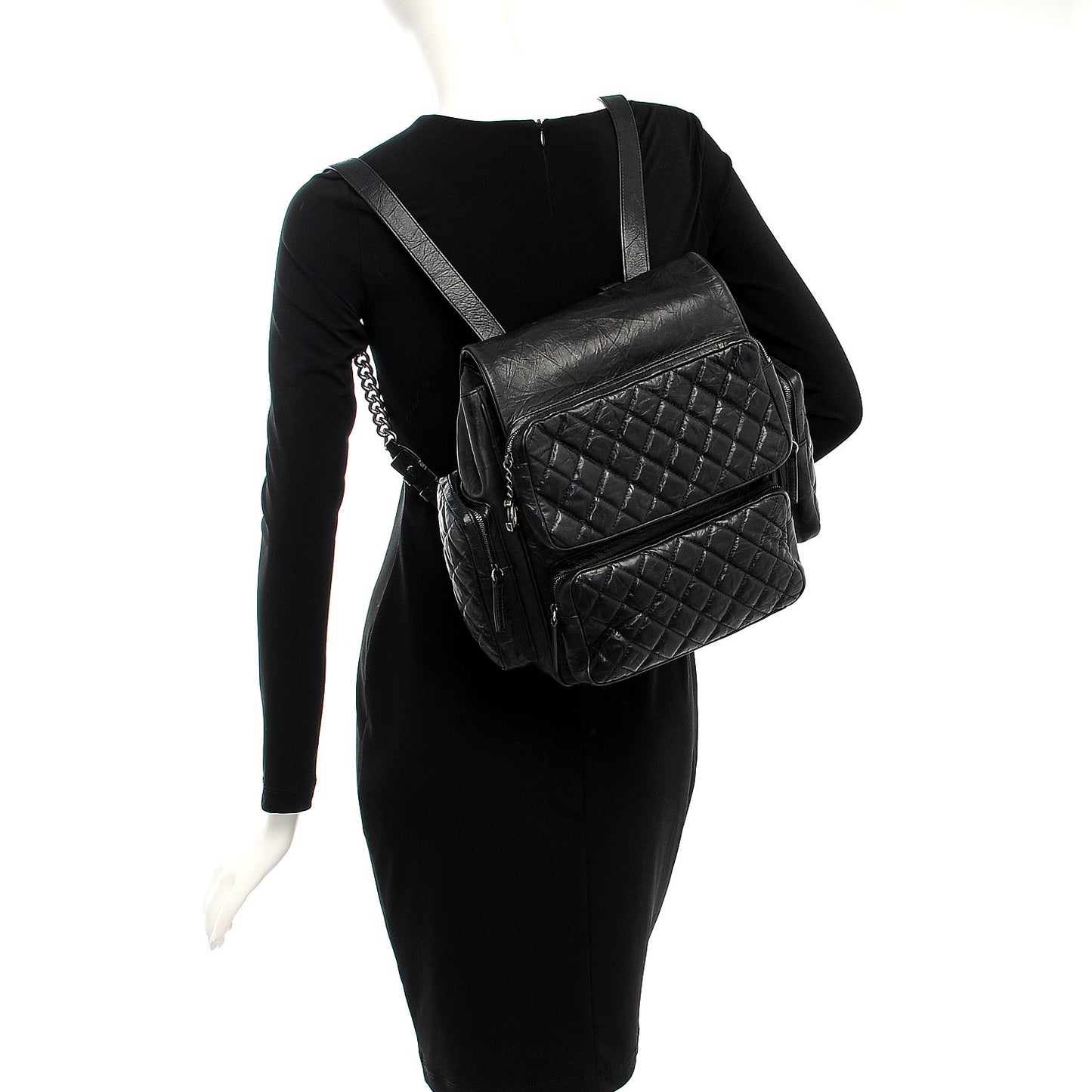 Aged Calfskin Quilted Large Casual Rock Backpack Black