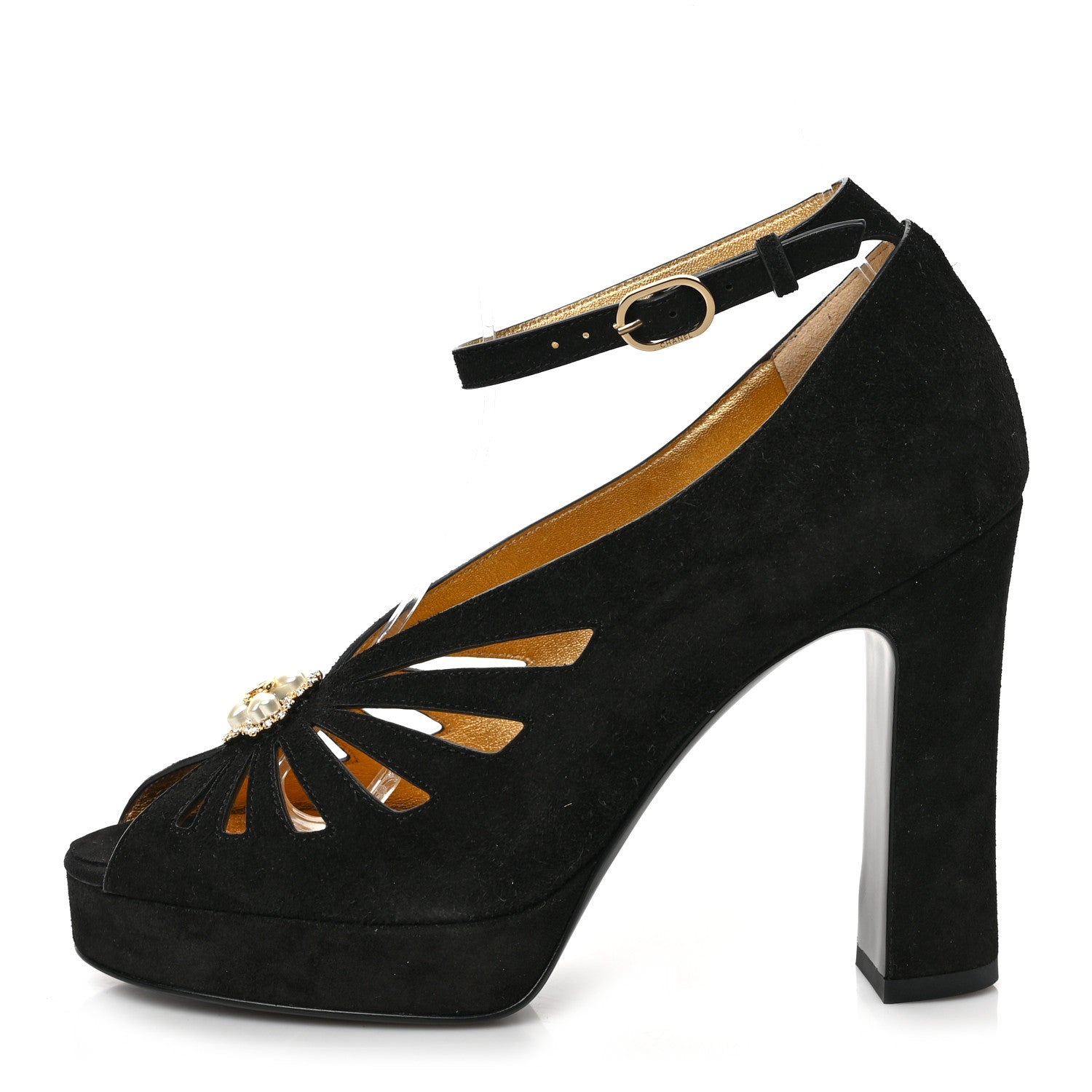 Chanel Suede Calfskin Pearl Shamrock CC Sandals 37 Black 1 of 9