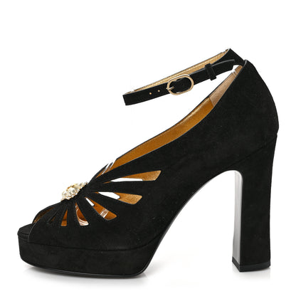 Chanel Suede Calfskin Pearl Shamrock CC Sandals 37 Black 1 of 9
