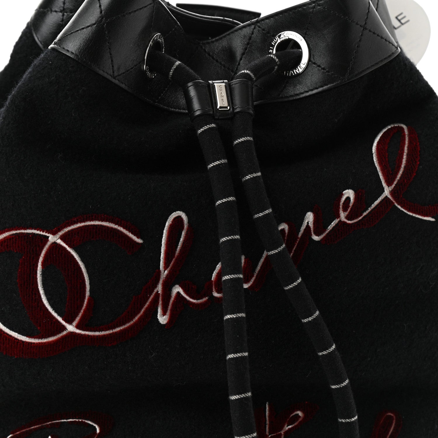 Chanel Wool Calfskin Embroidered Paris Hamburg Drawstring Backpack Black 8 of 10