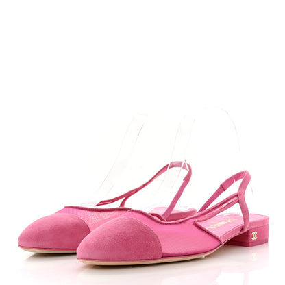 Chanel Mesh Suede Kidskin Cap Toe CC Slingback Flat 38 Pink 3 of 7