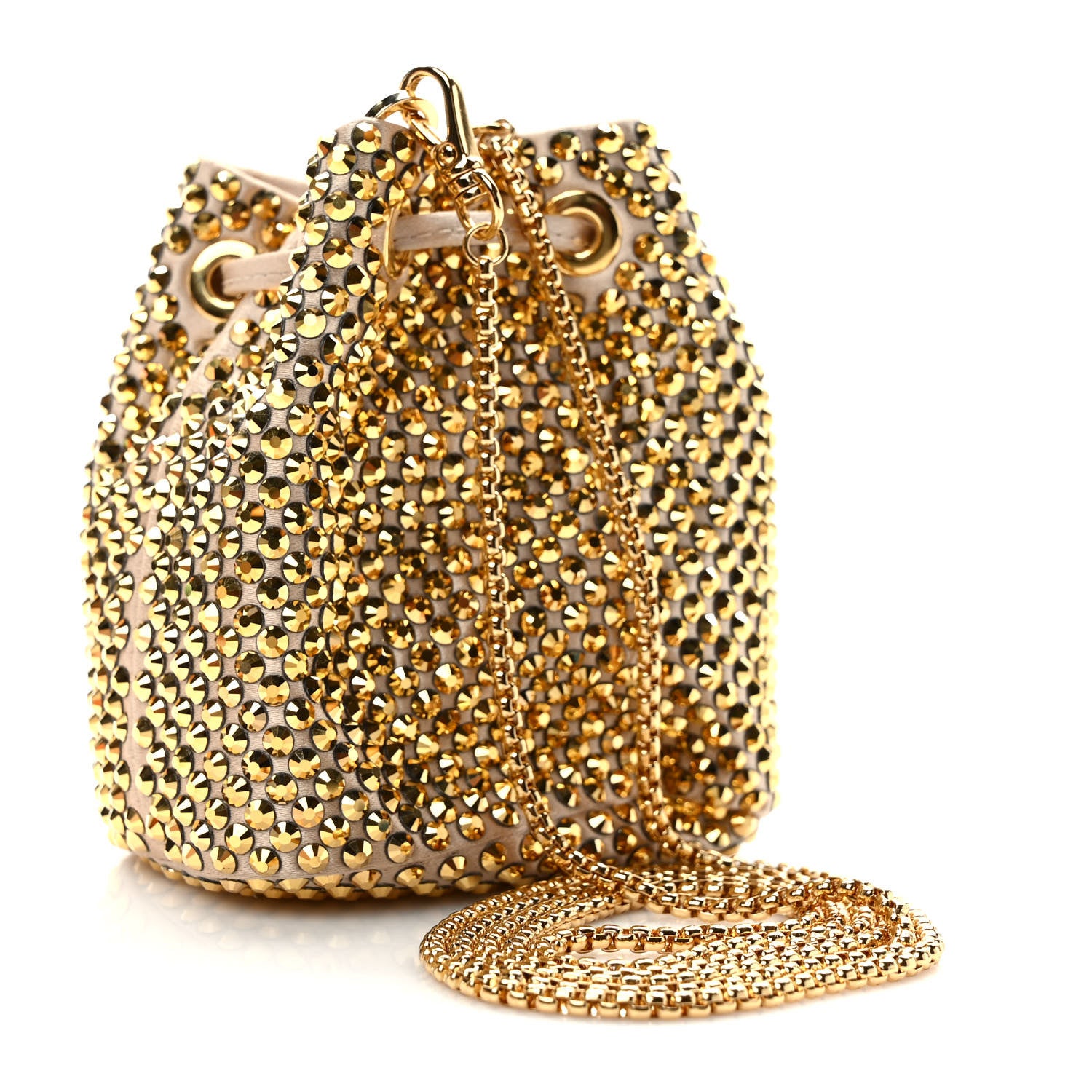 Prada Satin Crystal Metal Triangle Logo Mini Drawcord Pouch Shoulder Bag Platino 3 of 9
