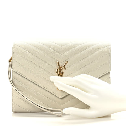 Saint Laurent Grain De Poudre Matelasse Chevron Monogram Envelope Clutch Blanc Vintage 2 of 9