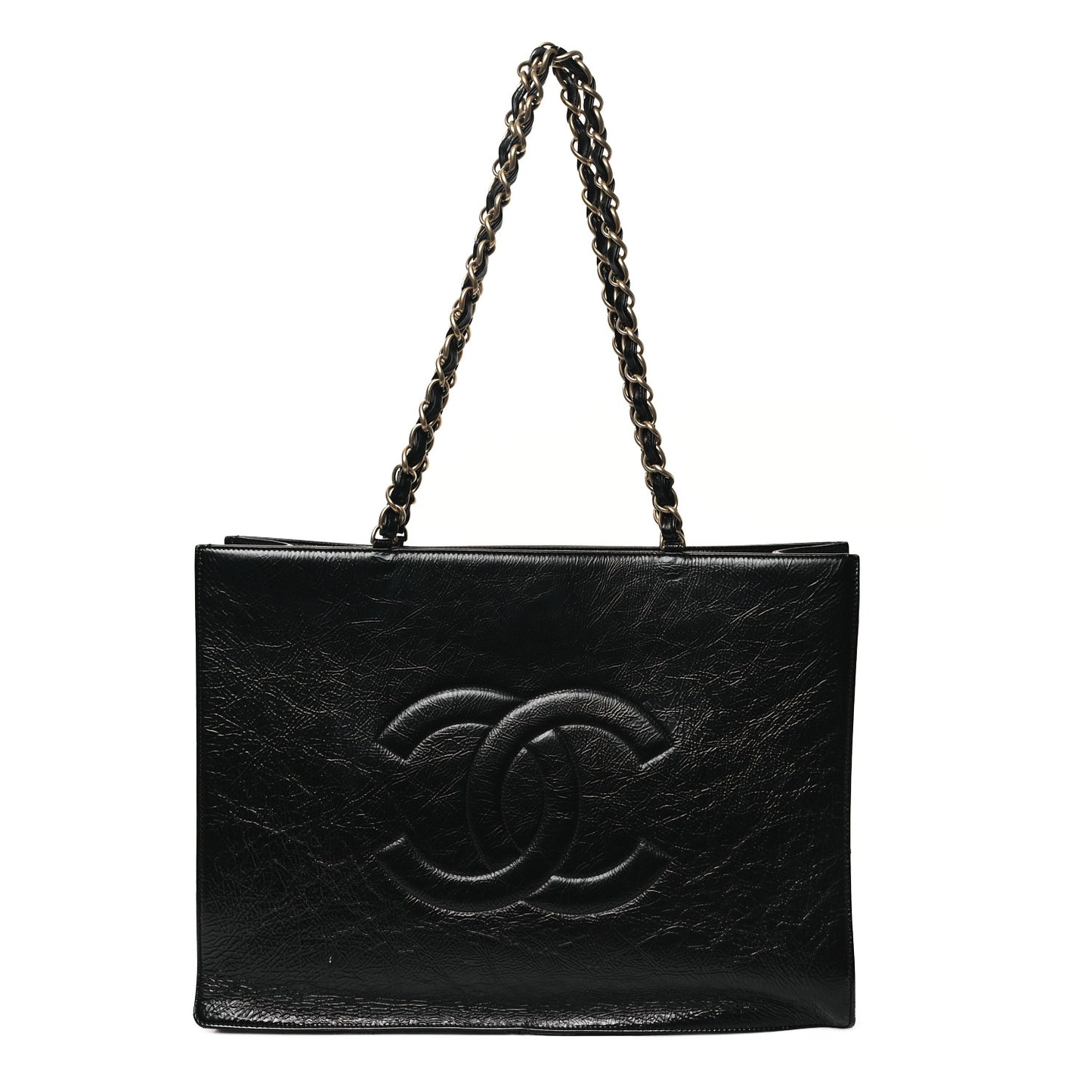 Shiny Aged Calfskin Shopping Bag Black