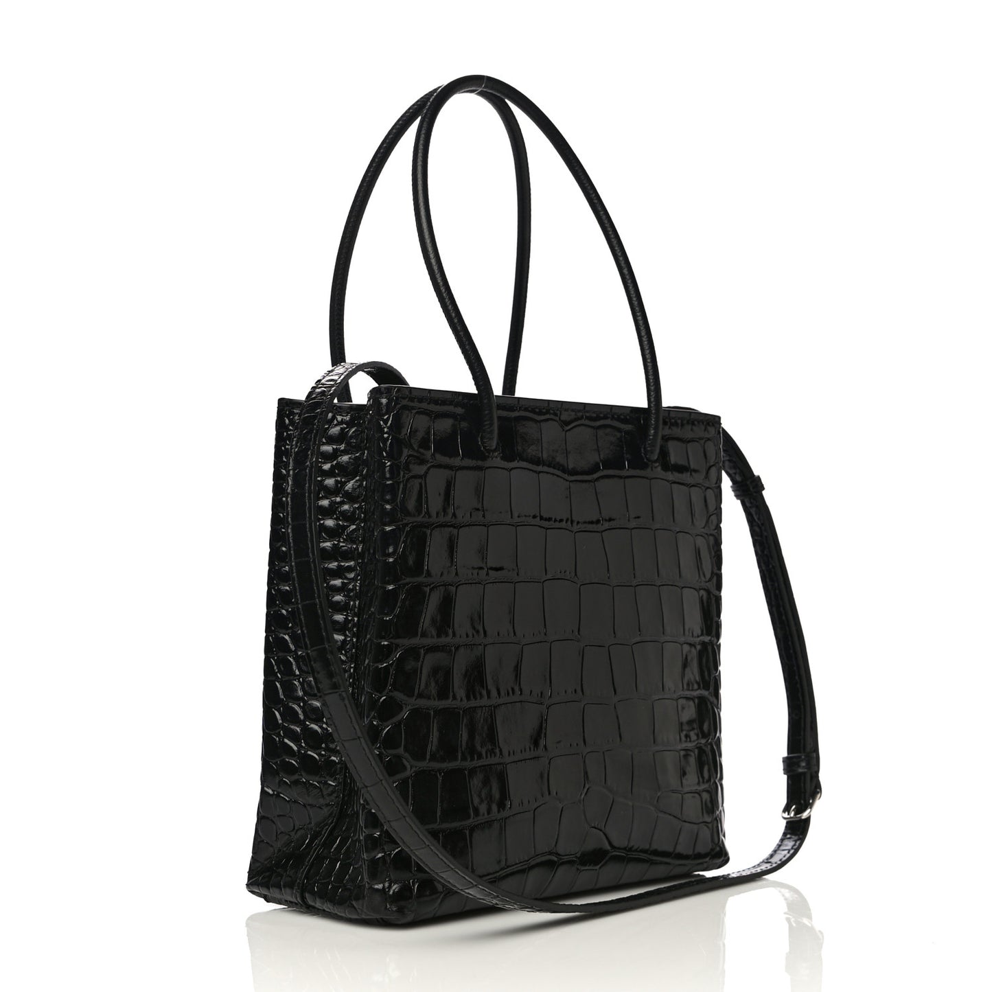 Shiny Calfskin Logo Crocodile Embossed North South Shopper Tote XXS Black White