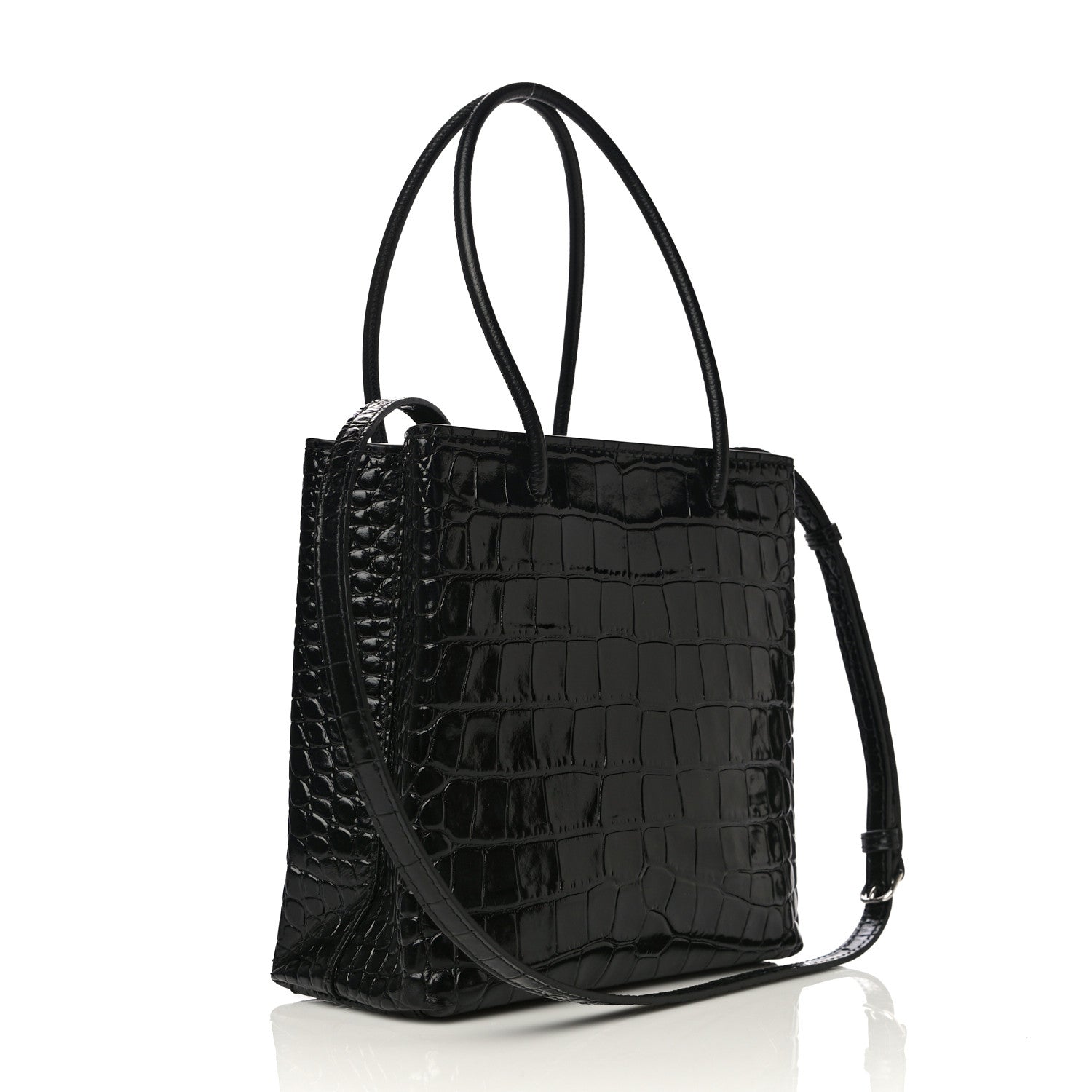 Balenciaga Shiny Calfskin Logo Crocodile Embossed North South Shopper Tote XXS Black White 2 of 12