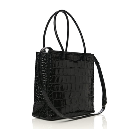 Balenciaga Shiny Calfskin Logo Crocodile Embossed North South Shopper Tote XXS Black White 2 of 12