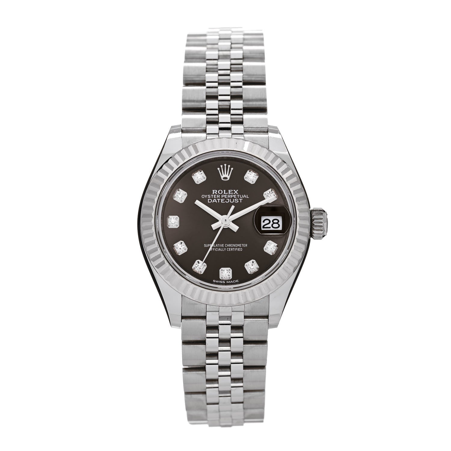 Rolex Stainless Steel 18K White Gold Diamond 28mm Oyster Perpetual Datejust Watch Dark Grey 279174 1 of 5