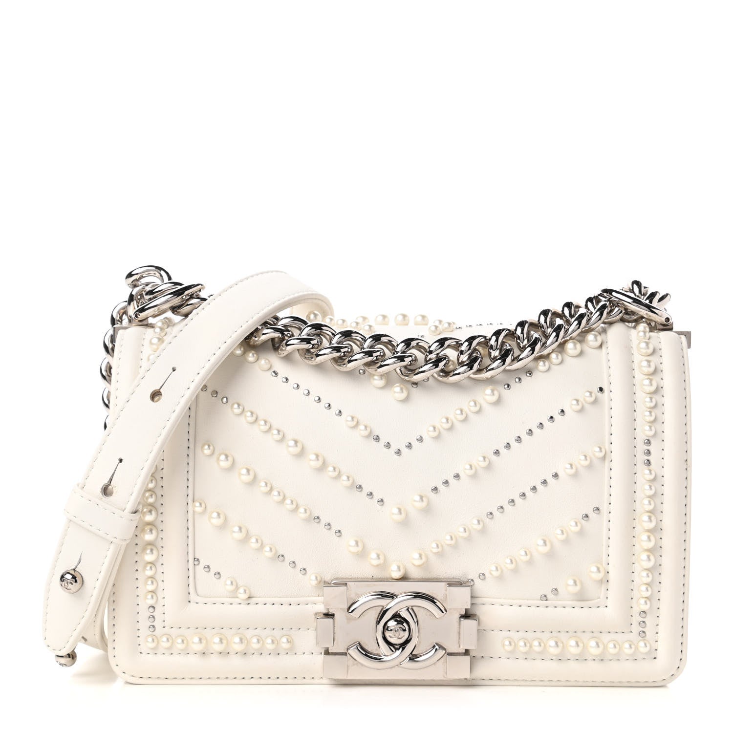 Chanel Calfskin Pearl Chevron Small Boy Flap White 1 of 12