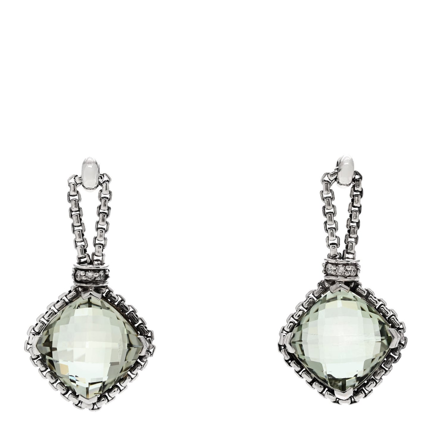 Sterling Silver Diamond Prasolite Cushion On Point Drop Earrings