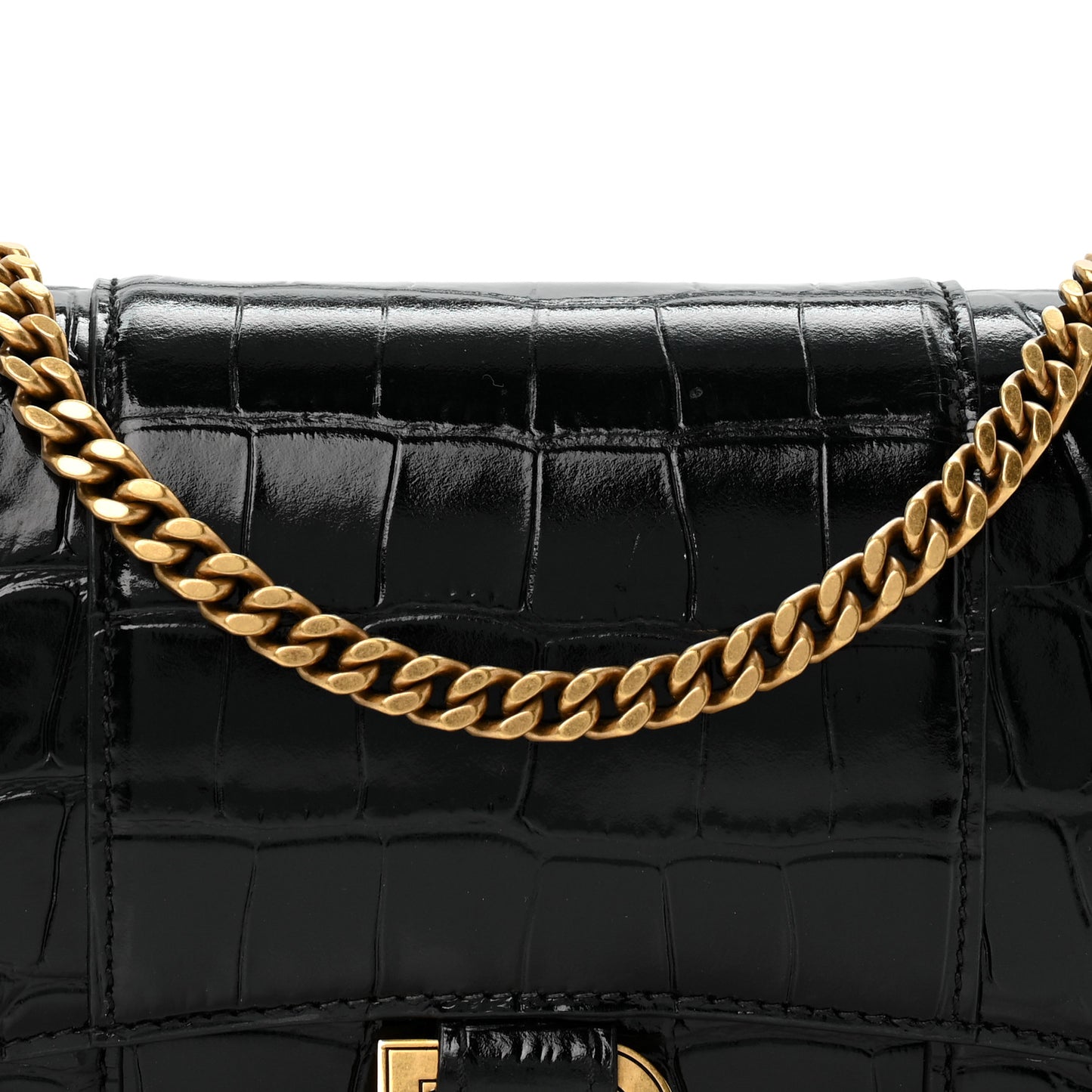 Shiny Calfskin Crocodile Embossed Hourglass Chain Bag Black