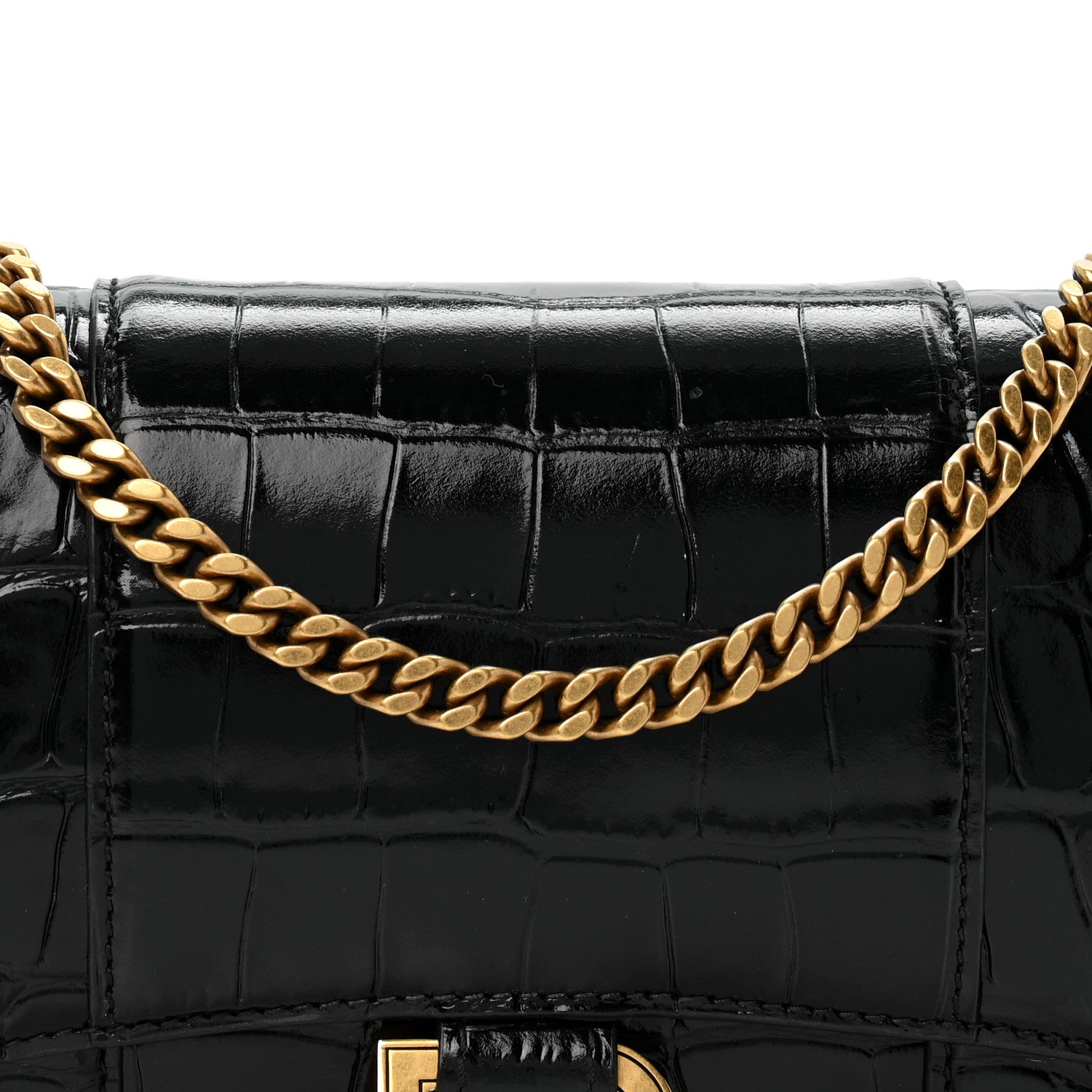 Balenciaga Shiny Calfskin Crocodile Embossed Hourglass Chain Bag Black 8 of 13