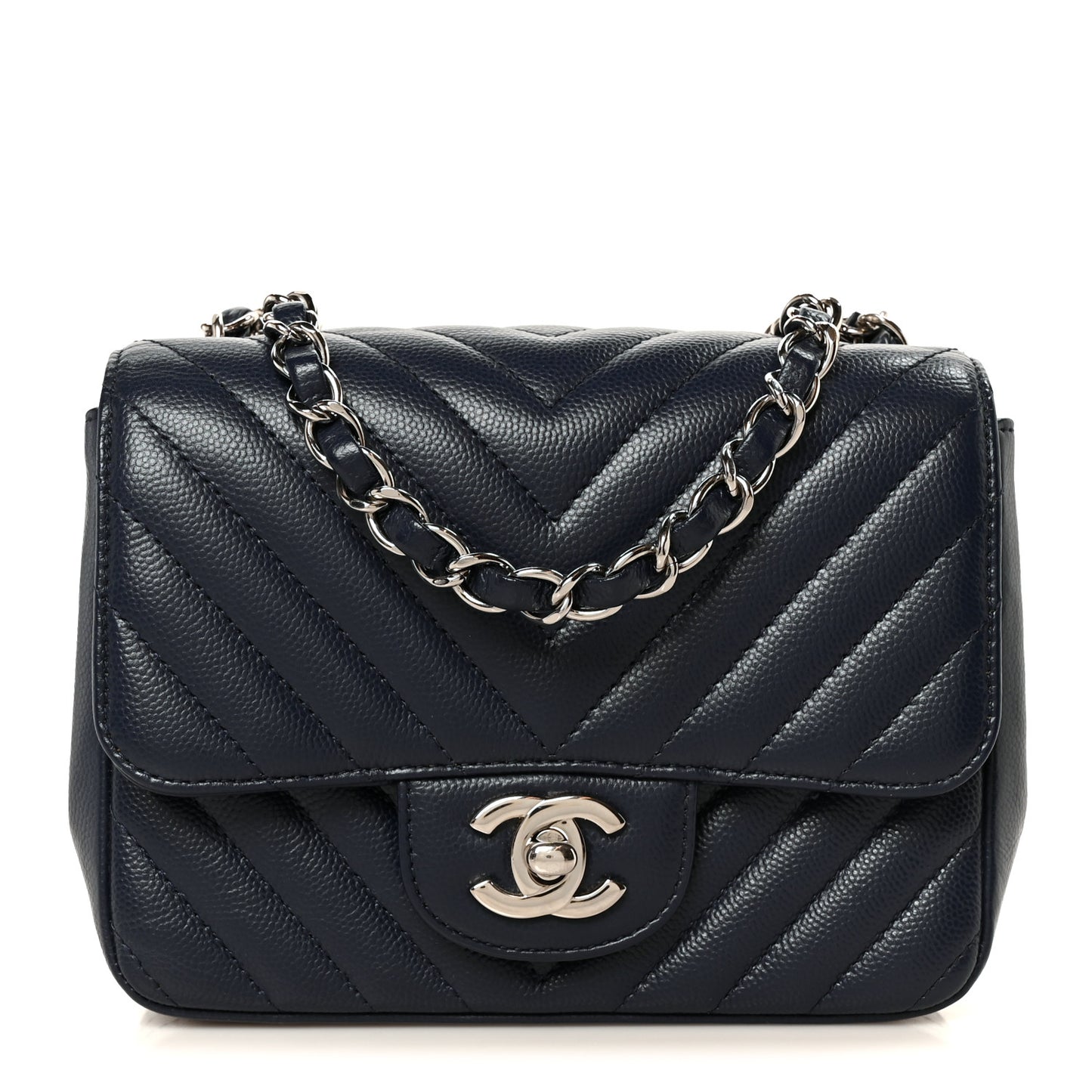 Caviar Chevron Quilted Mini Square Flap Blue