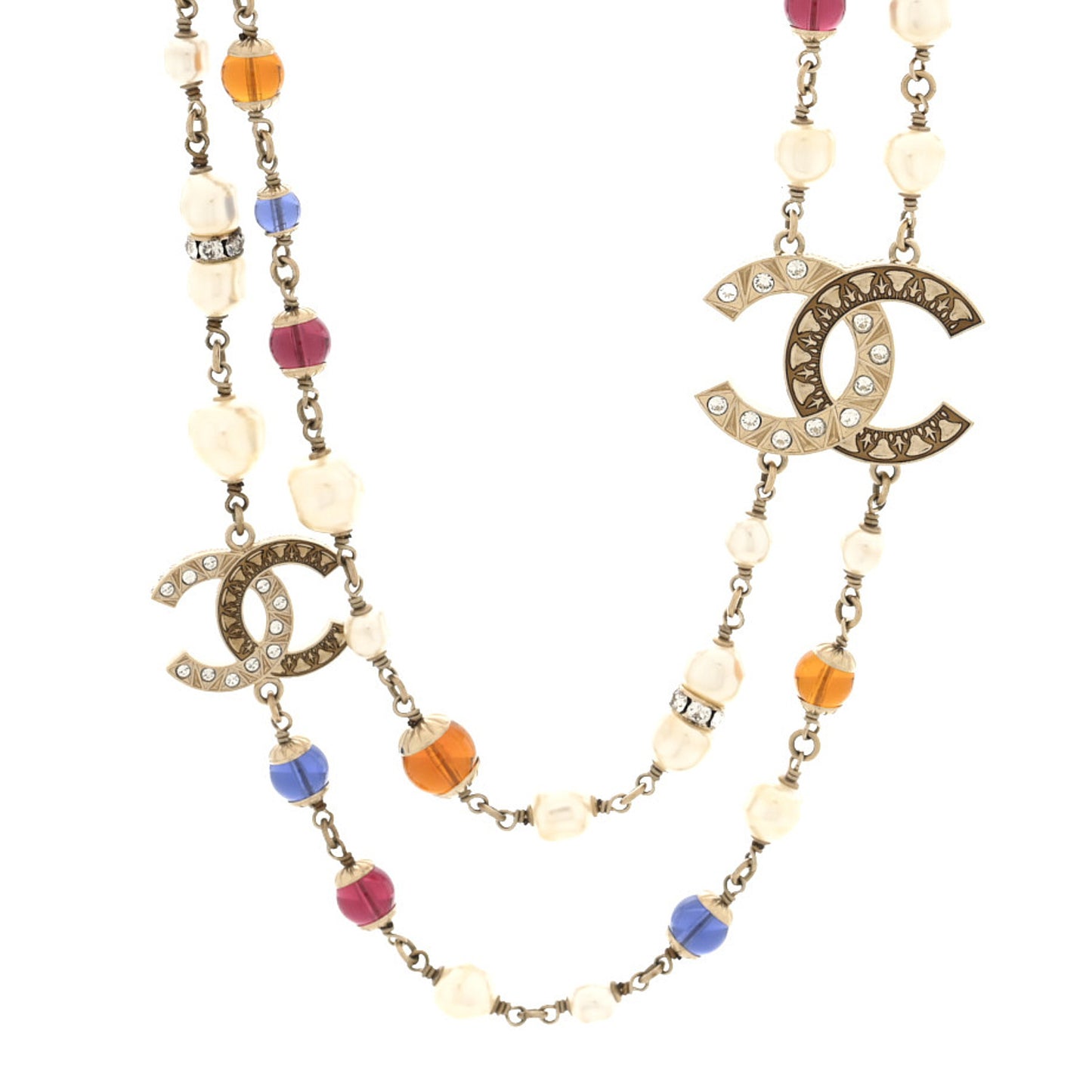 Pearl Crystal Resin CC Beaded Long Necklace Gold Pearly Gold Multicolor