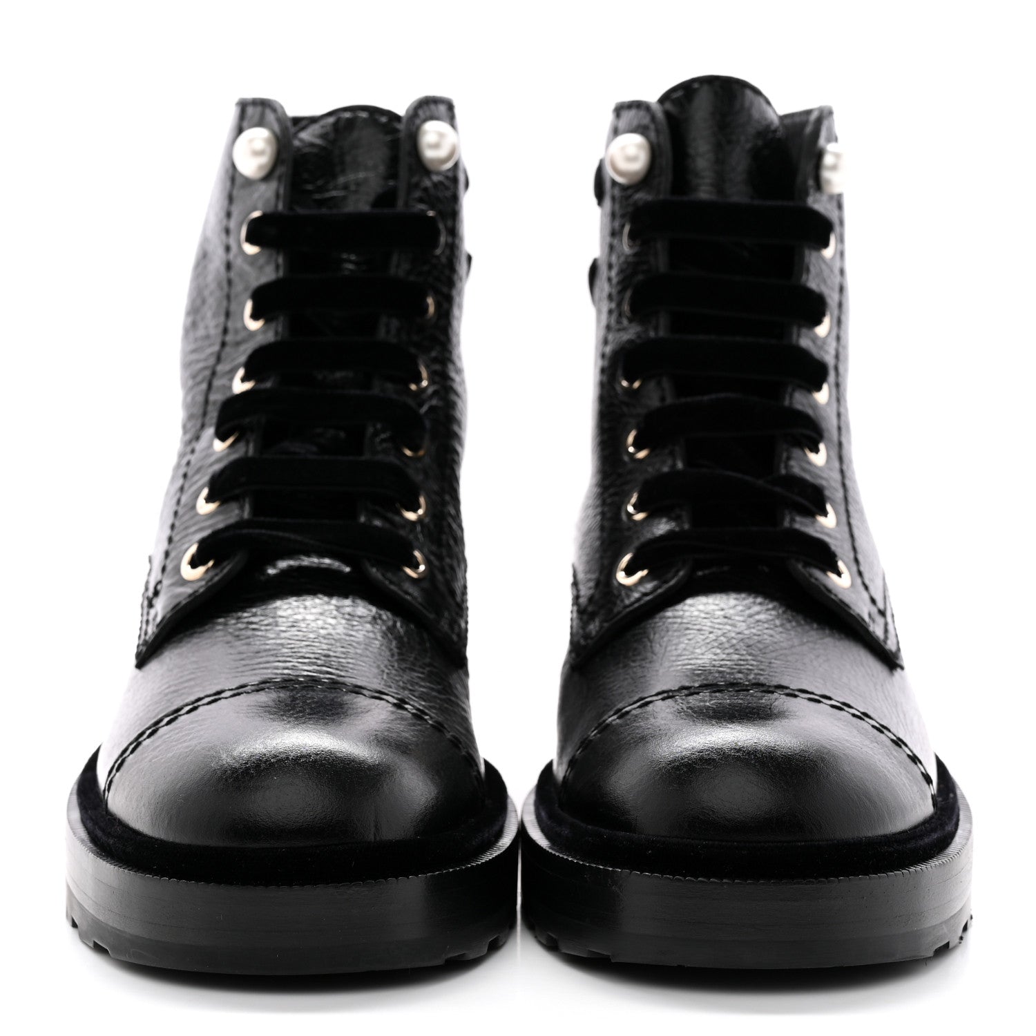 Chanel Shiny Calfskin Velvet Pearl Combat Short Boots 38 Black 2 of 14