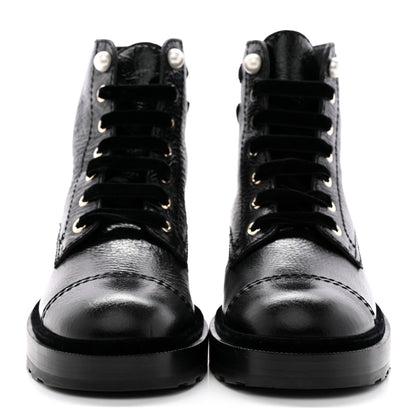 Chanel Shiny Calfskin Velvet Pearl Combat Short Boots 38 Black 2 of 14