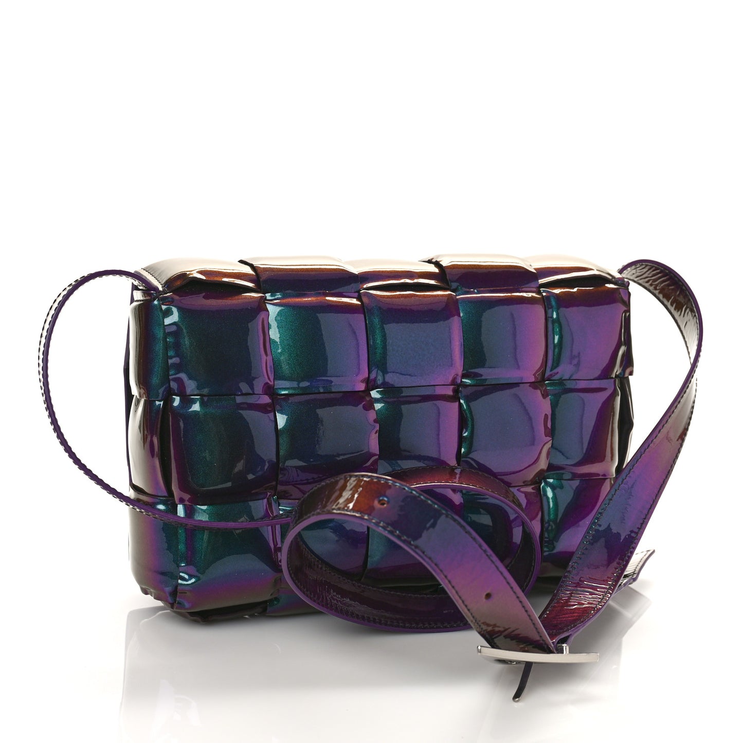 Glossy Nail Polish Nappa Maxi Intreccio Padded Cassette Crossbody Bag Holographic