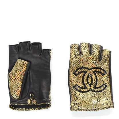 Chanel Lambskin Sequin Fingerless Gloves 7.5 Black Gold 2 of 6