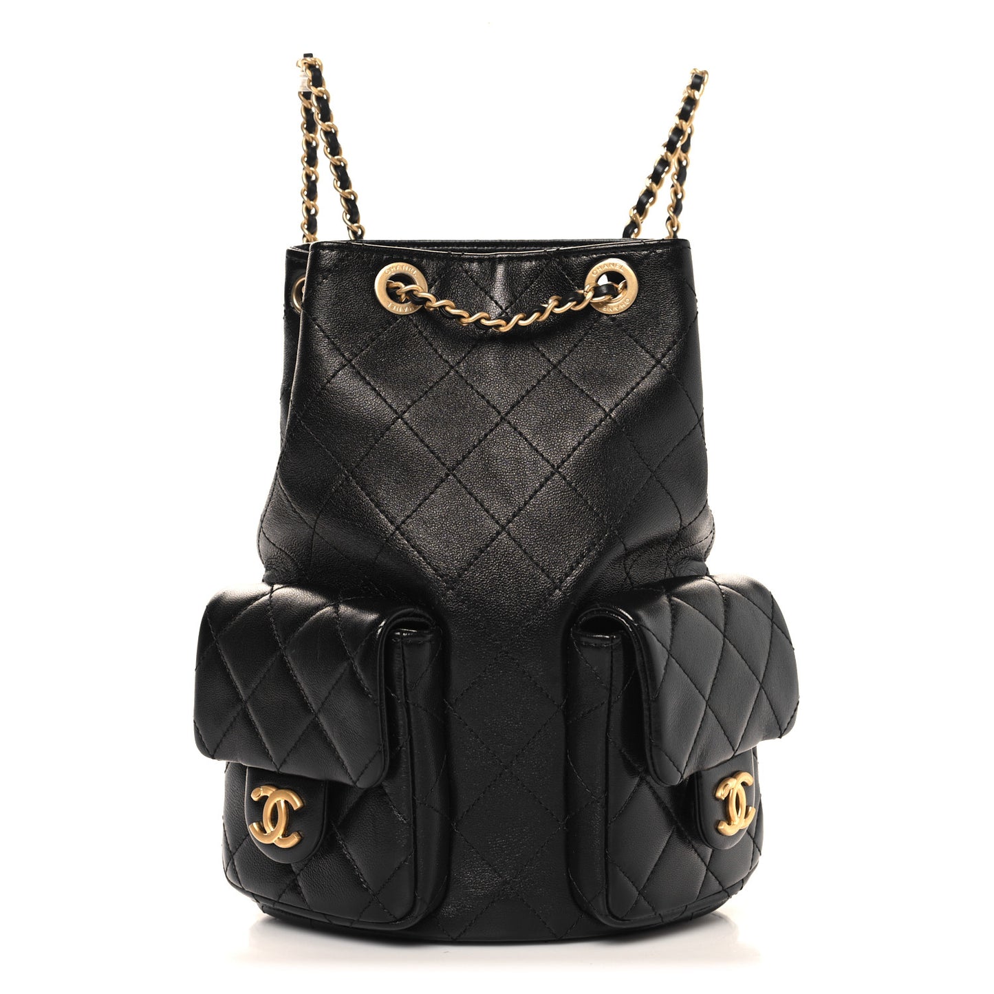 Shiny Lambskin Quilted Double Pocket Backpack Black