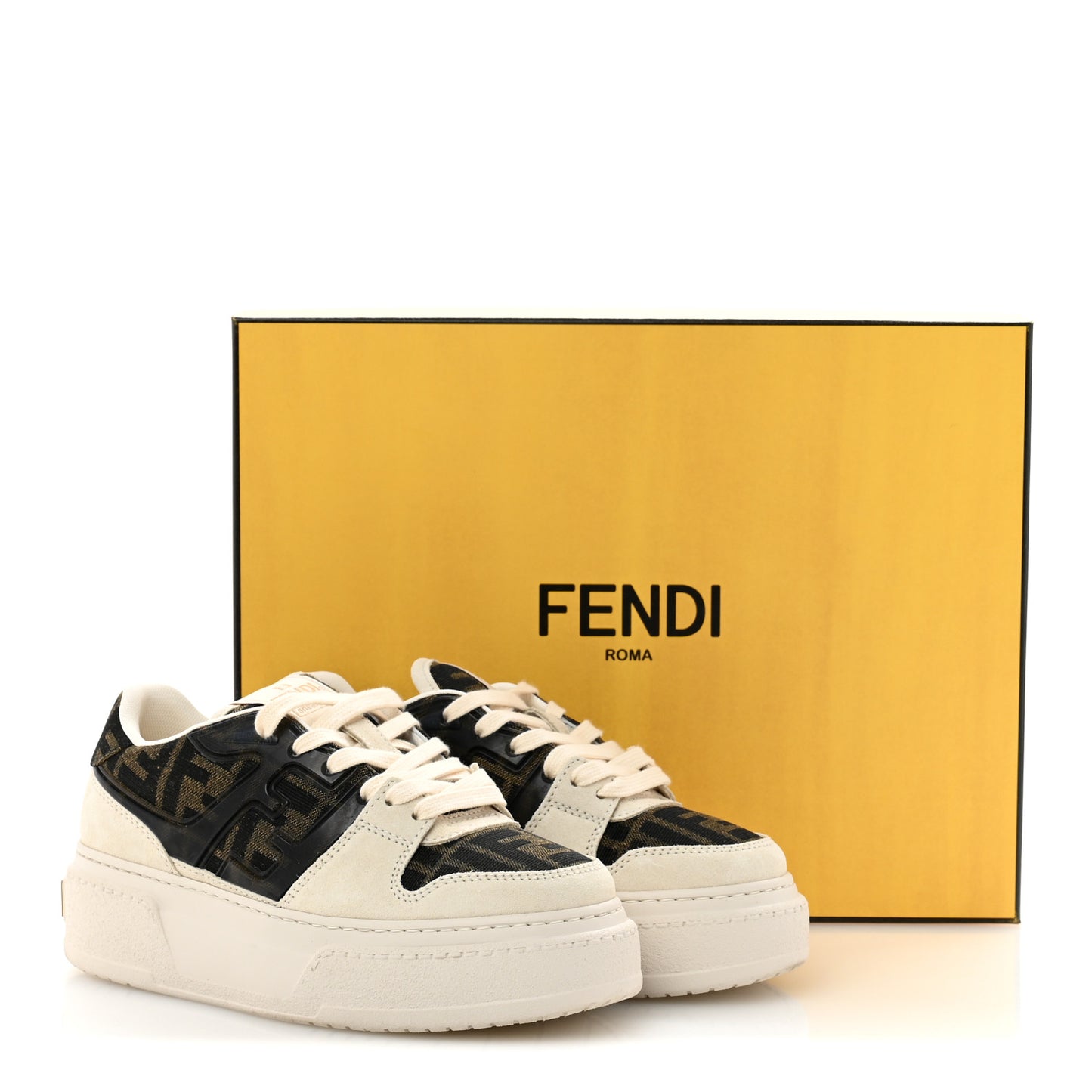 Suede Vitello Fendi Logo Match Low Top Sneakers 36 Cream Tobacco Black