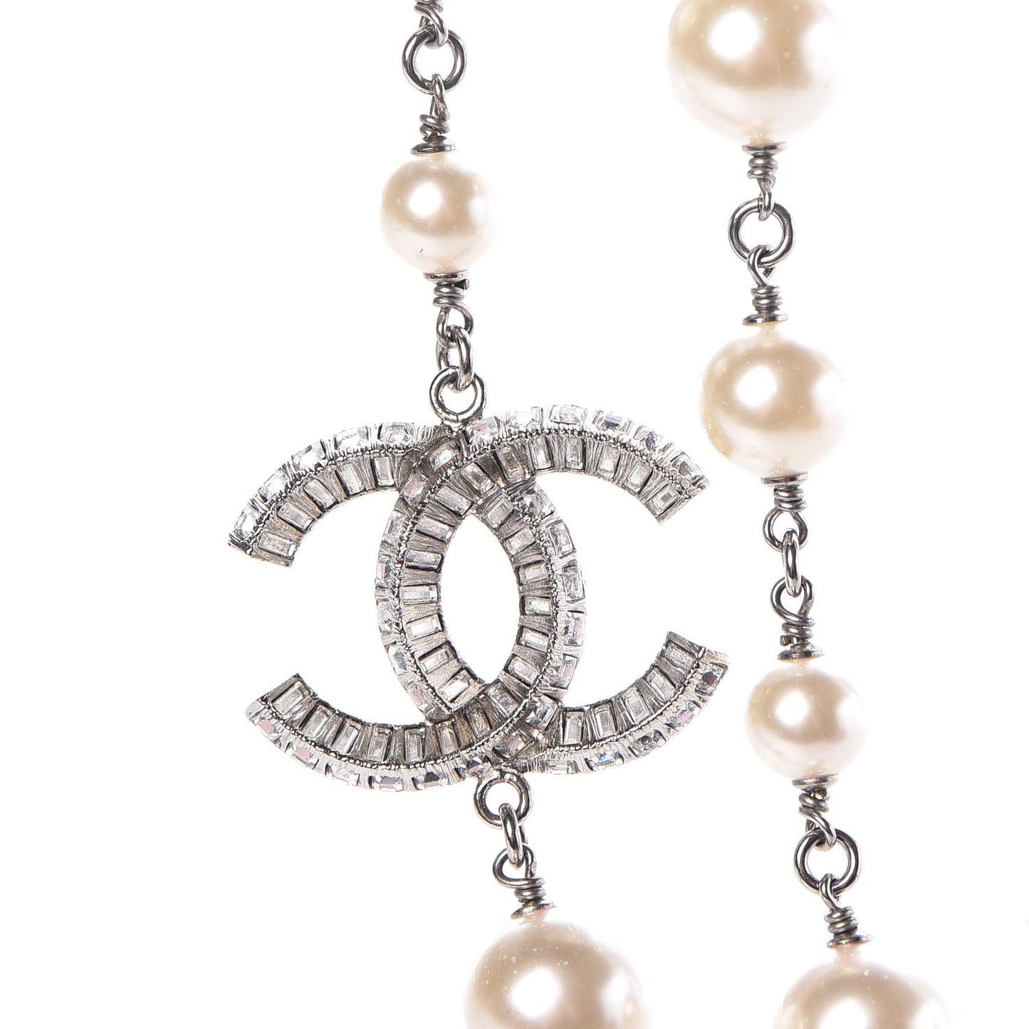 Pearl Baguette Crystal CC Long Necklace Silver