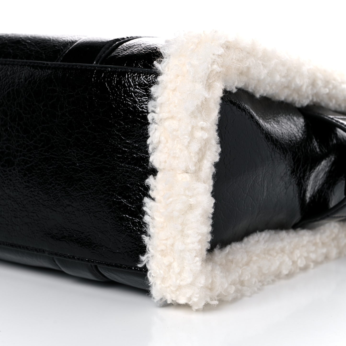 Shiny Calfskin Faux Shearling Small The Traveler Tote Bag Black