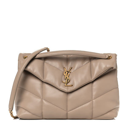 Saint Laurent Lambskin Quilted Medium Loulou Puffer Monogram Chain Satchel Dark Beige 1 of 13