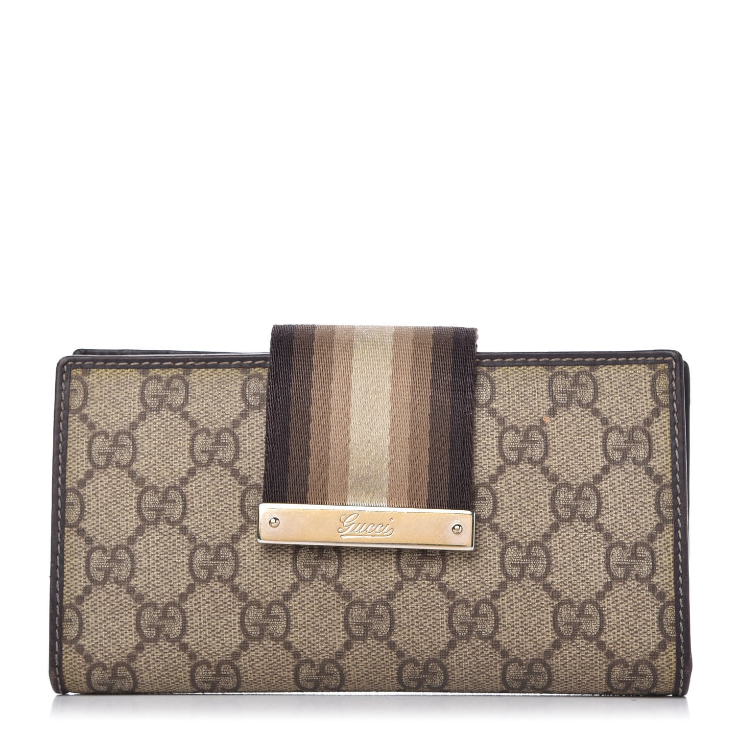 GG Plus Monogram Calfskin Ladies Web Continental Wallet Beige Ebony Brown