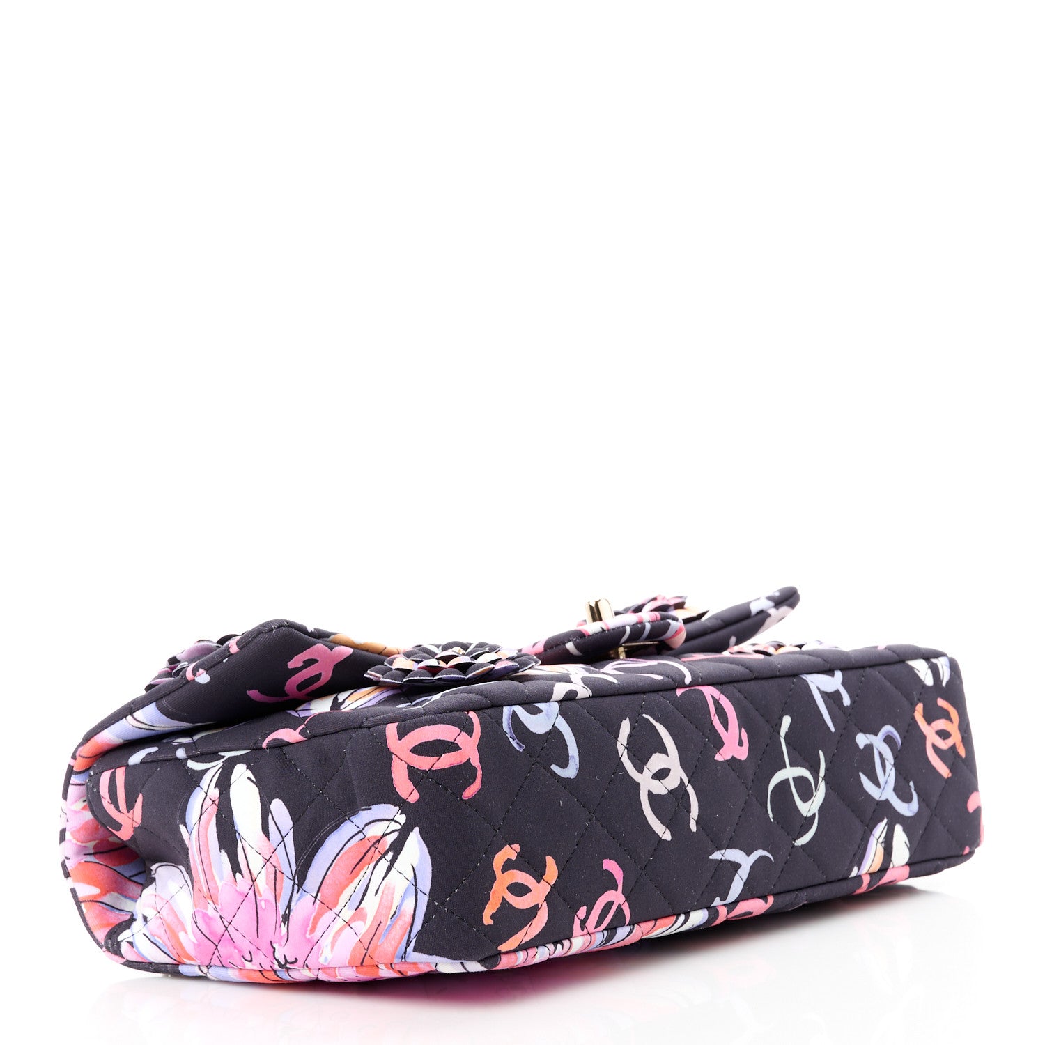 Chanel Printed Fabric Quilted Camellia Flap Black Multicolor 5 of 12