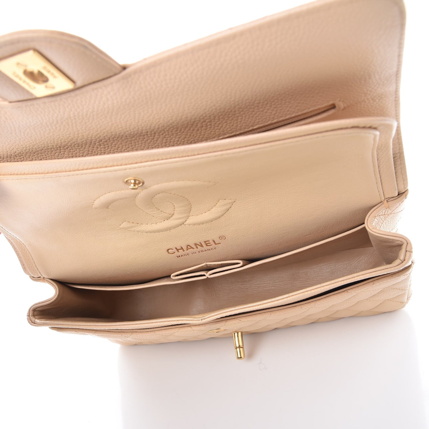 Caviar Quilted Medium Double Flap Beige Clair
