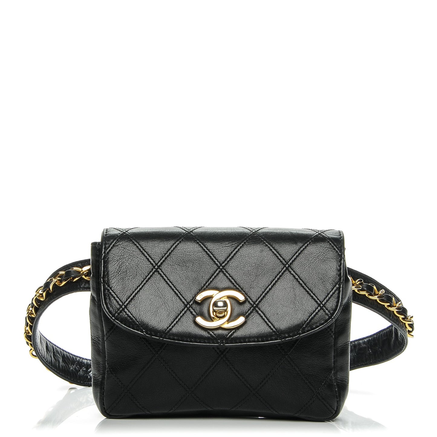 Lambskin Diamond Stitched Flap Waist Chain Belt Bag Black
